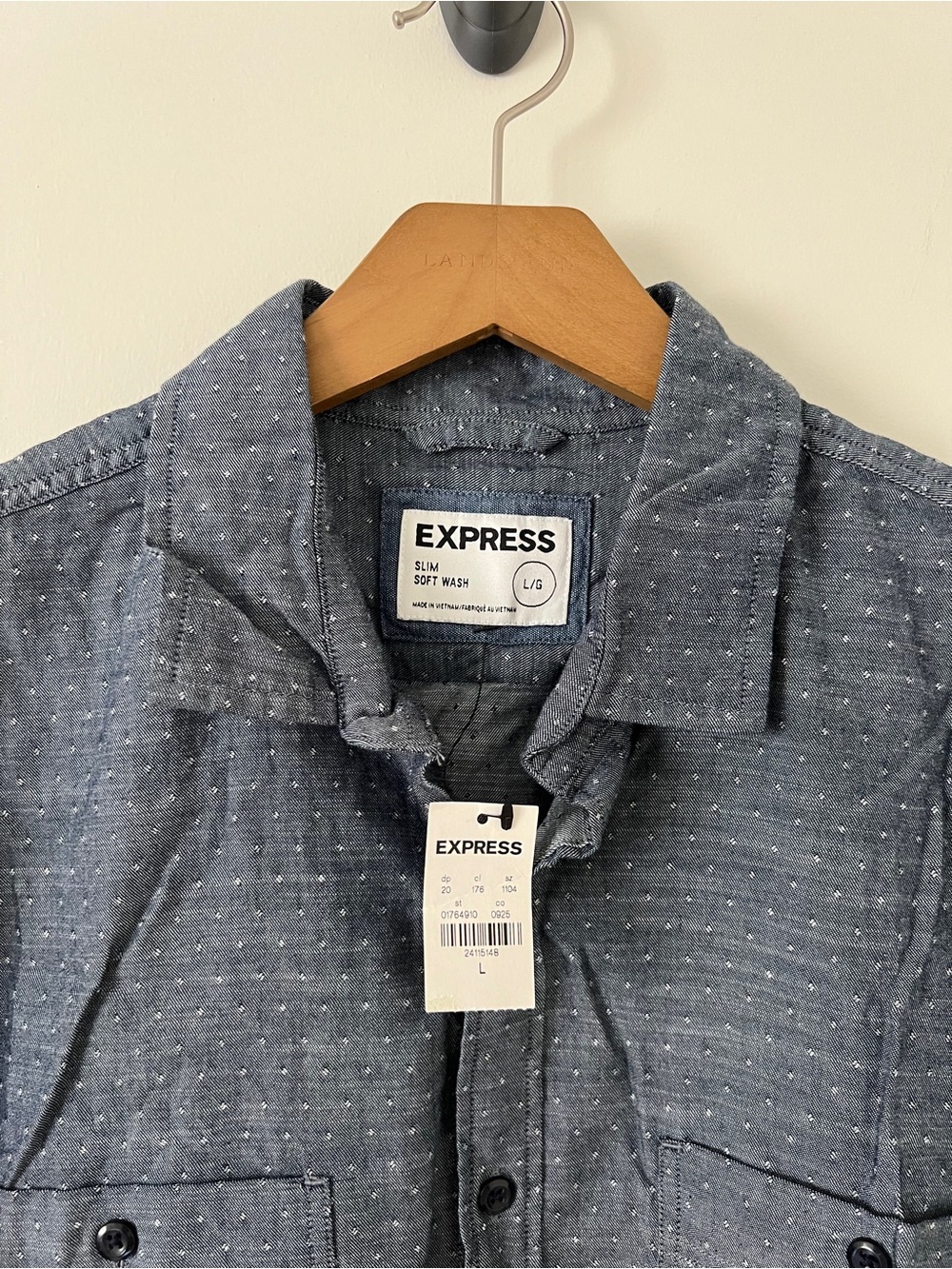 Express Men’s Slim Button-Down Shirt in Chambray Blue with White Dots